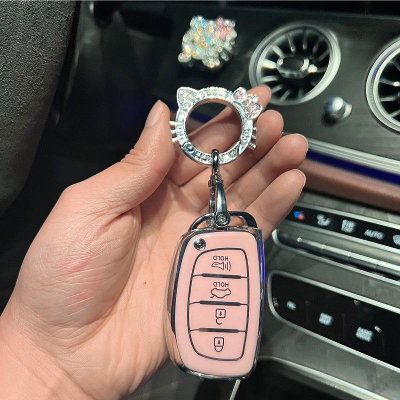 Pangpai Pink Car Accessories 3 Pcs for Hyundai lantra Ioniq Sonata Tucson Elantra GT Key Fob Cover with Bling Keychain Cute Push to Start Button Cover - Image 4